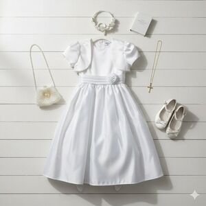 Girls White Satin Dress with Bolero Jacket Flower Sash Special Occasion Formal
